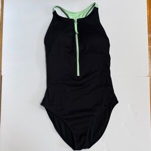 Fabletics Black One-Piece Woman’s Swimsuit with Mint Trim and Front Zip